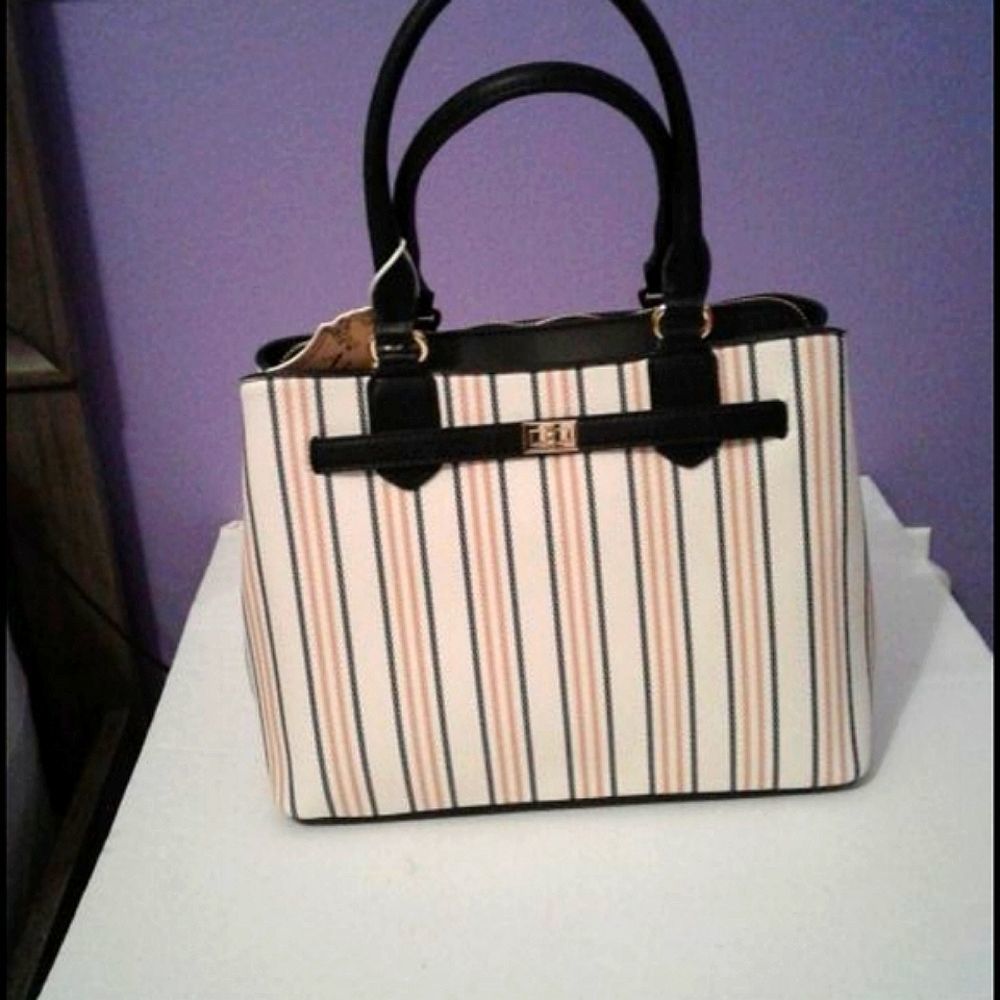 Off-White Striped Vegan Leather Satchel Bag Office Career Modest